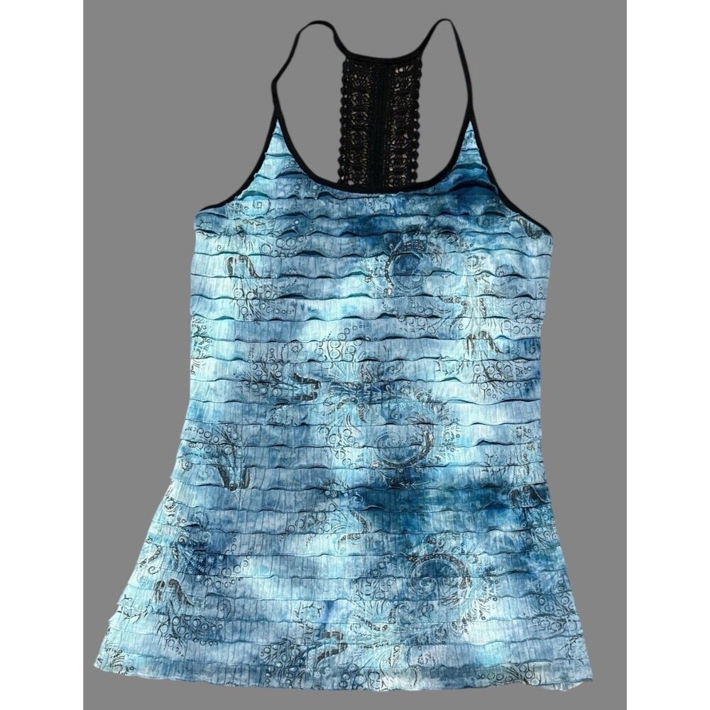 Studio Y Y2K Blue Black Lace Tank Top Women’s Medium Ruched Ruffle Cami